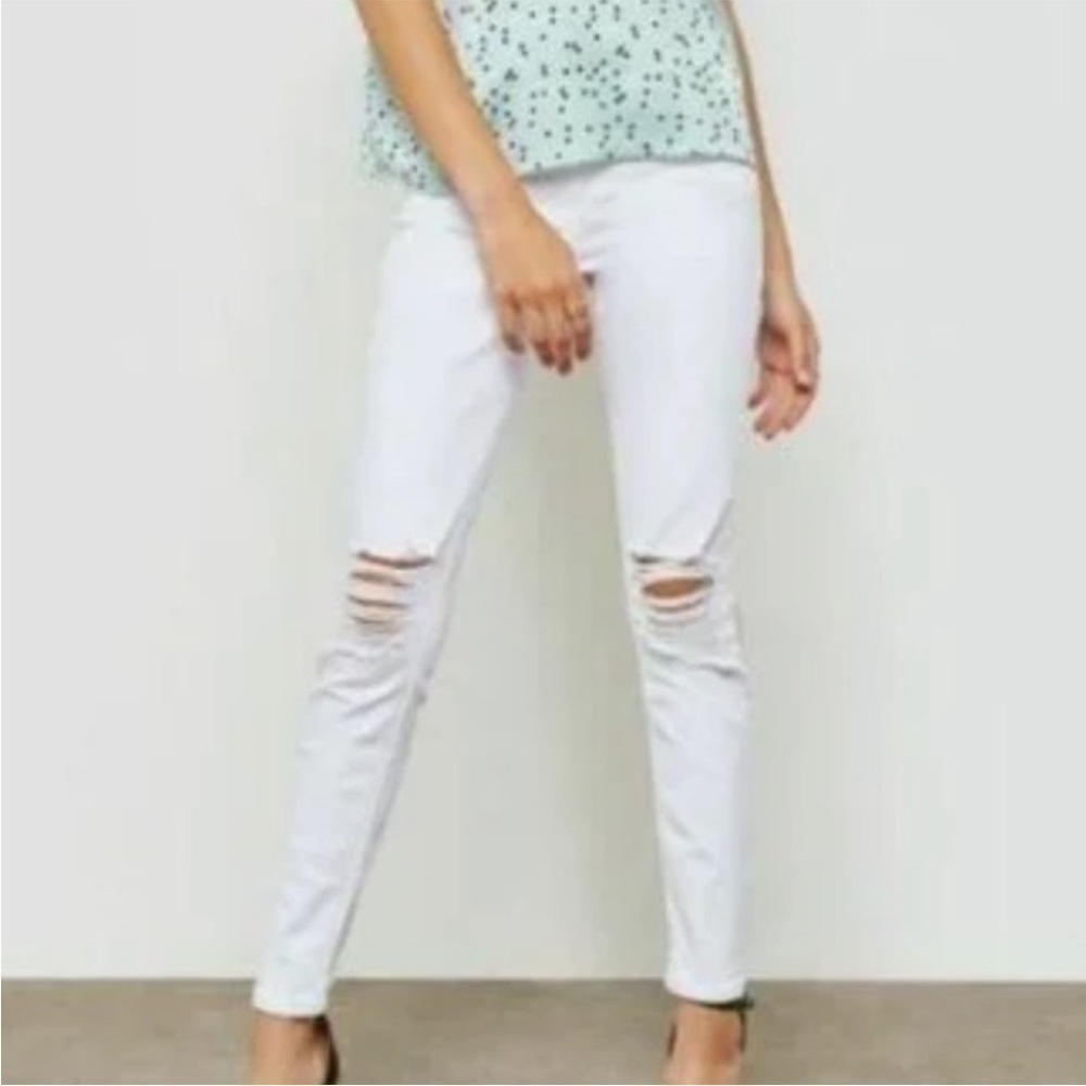 TOPSHOP MOTO Jamie Distressed White High-Rise Jeans